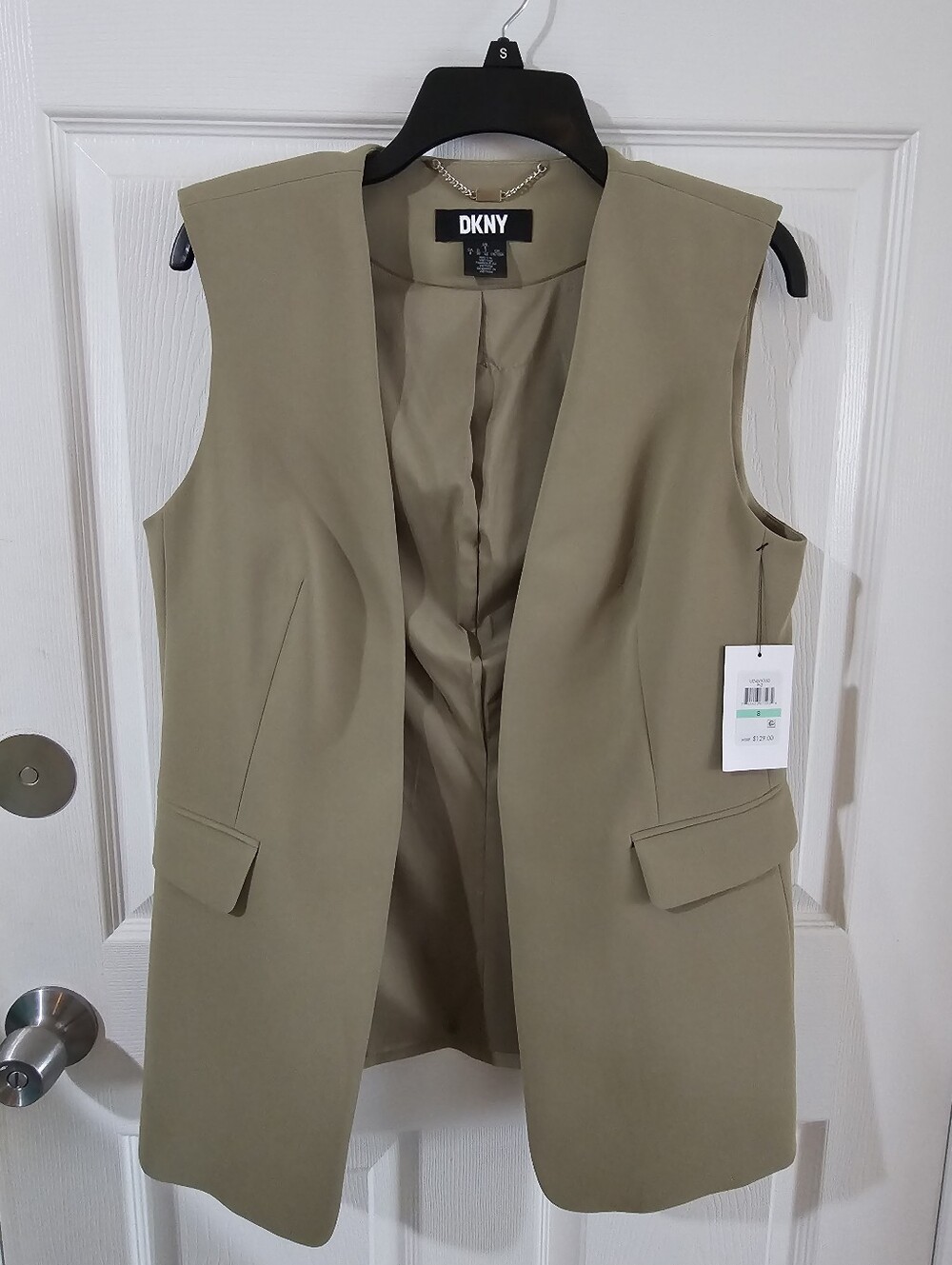 DKNY Sleeveless Vest in Khaki with Gold Chain Detail